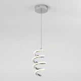 Modern pendant light with a chrome ceiling mount and a spiral LED design hanging vertically against a plain white background.