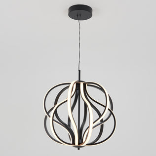 The Artika Meridian LED pendant light showcases intertwined black metal loops with integrated LED strips, suspended from a black ceiling mount against a plain light gray background.