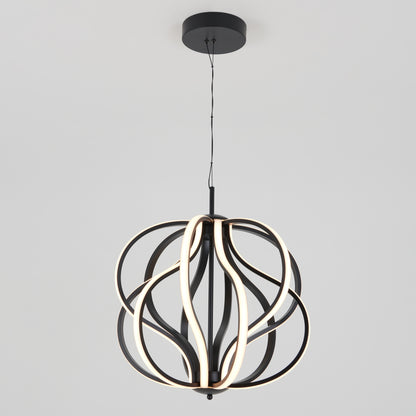 The Artika Meridian LED pendant light showcases intertwined black metal loops with integrated LED strips, suspended from a black ceiling mount against a plain light gray background.