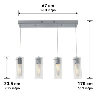 The Artika Hologram 4-light LED pendant features a rectangular ceiling fixture with four hanging glass lights. Dimensions: width 67 cm (26.3 in), pendant diameter 23.5 cm (9.25 in), cable length 170 cm (66.9 in). Black arrows show sizes.
