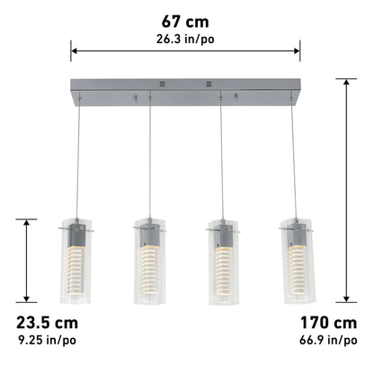 The Artika Hologram 4-light LED pendant features a rectangular ceiling fixture with four hanging glass lights. Dimensions: width 67 cm (26.3 in), pendant diameter 23.5 cm (9.25 in), cable length 170 cm (66.9 in). Black arrows show sizes.