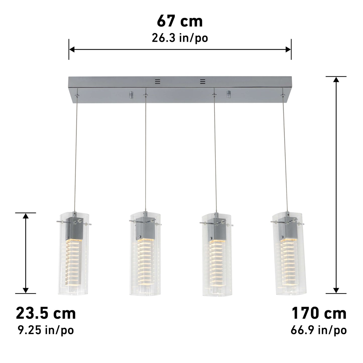 The Artika Hologram 4-light LED pendant features a rectangular ceiling fixture with four cylindrical pendants (67 cm/26.38 in wide, 23.5 cm/9.25 in diameter each, 170 cm/66.93 in height). All dimensions also listed in inches.