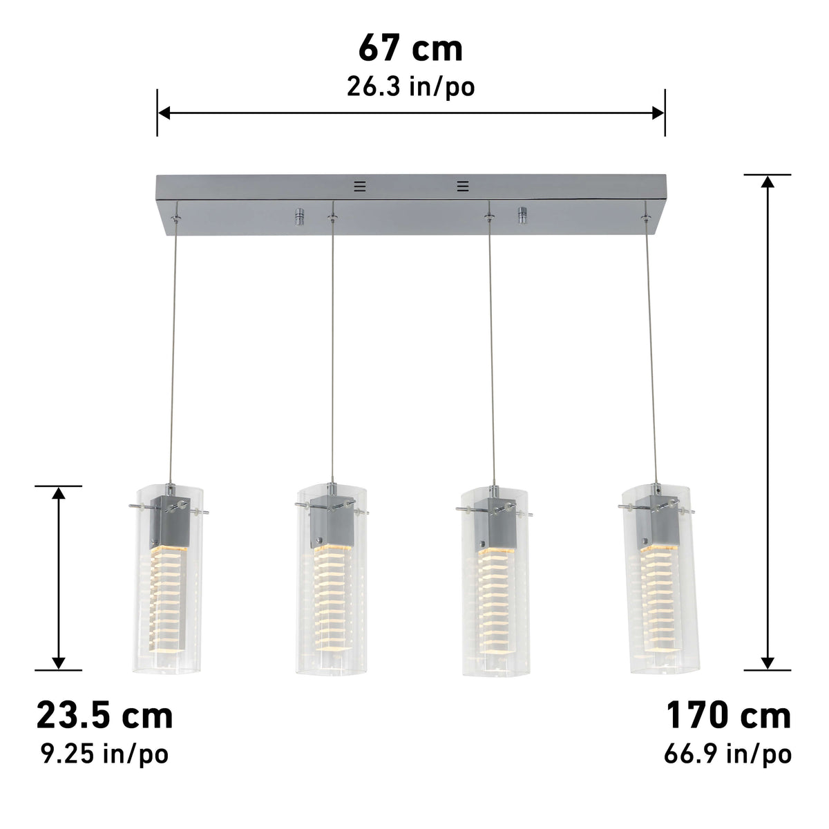 A modern ceiling light fixture with four cylindrical glass pendant lights hanging from a rectangular metal base. Dimensions: 67 cm wide, 23.5 cm deep, and 170 cm maximum hanging length.