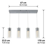 A modern ceiling light fixture with four cylindrical glass pendant lights hanging from a rectangular metal base. Dimensions: 67 cm wide, 23.5 cm deep, and 170 cm maximum hanging length.