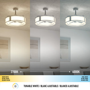 Artika Huxley 23 in. LED ceiling fan with 3 speeds displays warm, neutral, and cool light settings in a room interior.