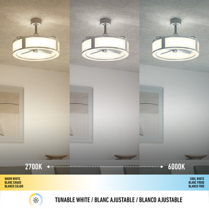 The Artika Huxley 23 in. LED modern ceiling fan with 3 speeds is shown above wall art and a small table, displaying adjustable lighting at warm white (2700K), neutral, and cool white (6000K) color temperatures.