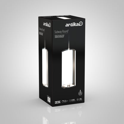 A black box with Artika branding displays the Subway Round Mini LED pendant light. The packaging features images and details of the cylindrical fixture on a gray background.