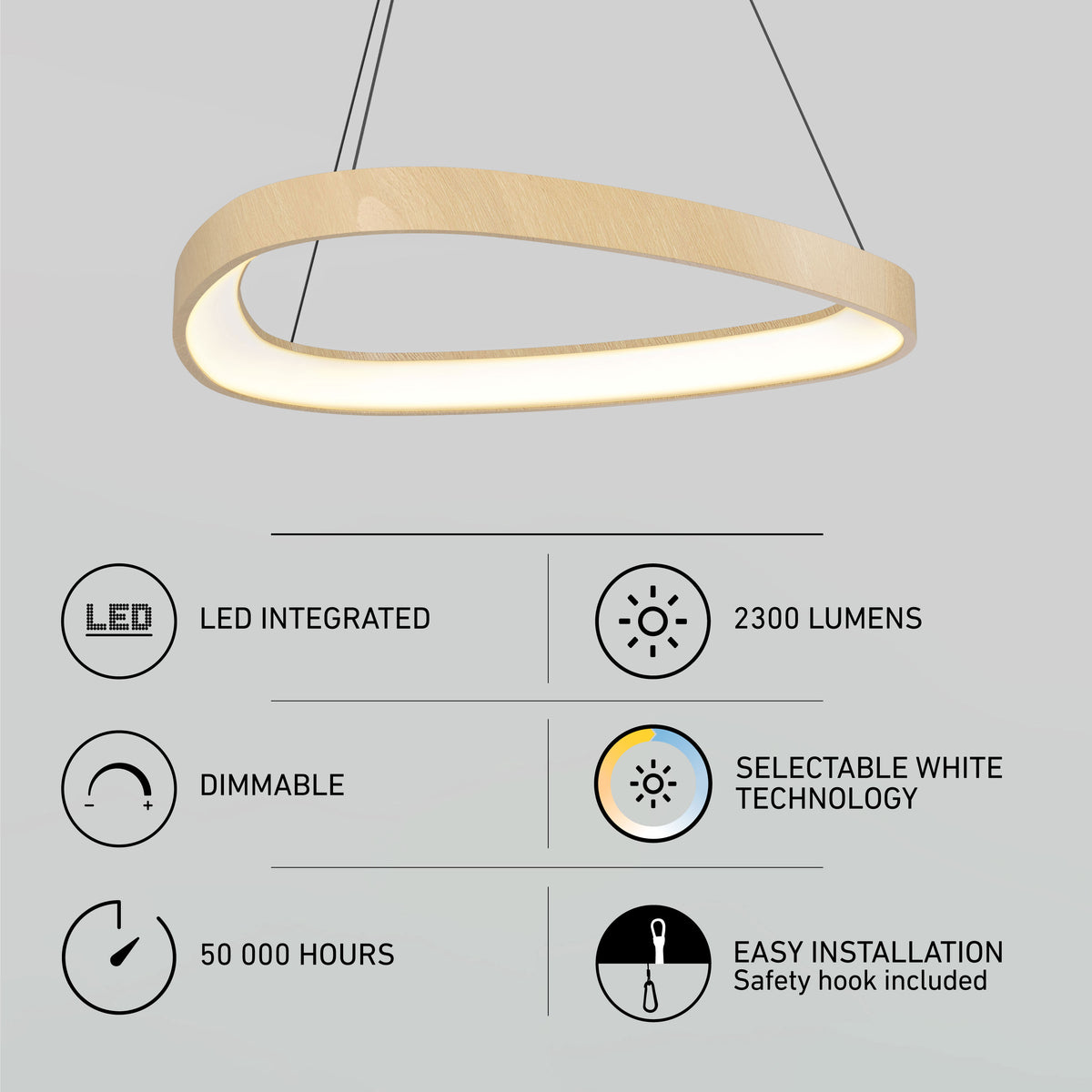 Artika Bjorn modern LED pendant: dimmable, 2300 lumens, 5 CCT selectable white, 50,000 hrs life, easy to install.