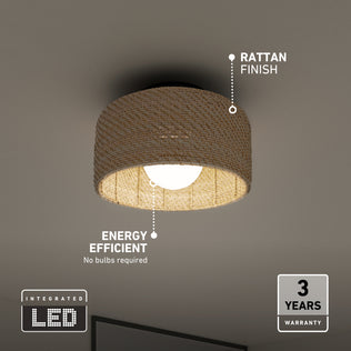 The Artika Emiko modern LED flush mount light 5 CCT features a woven rattan finish, integrated energy-efficient LED, no bulbs required, and comes with a 3-year warranty badge on the image.