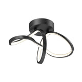 Modern black ceiling light fixture with three twisted, looping LED arms, mounted on a circular base. The fixture has a sleek, contemporary design and emits a soft white glow from the integrated LED strips.