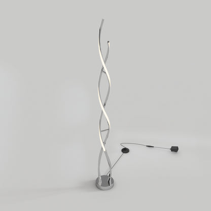 The Artika Swirl modern LED floor lamp features two twisting spiral light tubes on a round base with a black cord and power adapter, displayed against a plain light gray background.