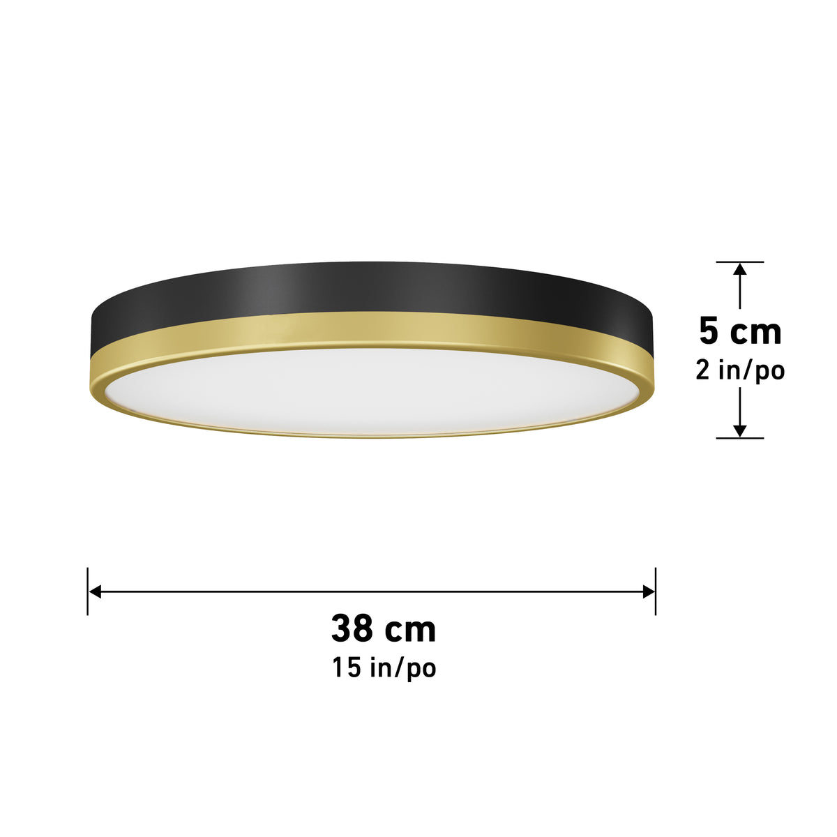 A round ceiling light with a black and gold rim, measuring 38 cm (15 inches) in diameter and 5 cm (2 inches) in height. Dimensional arrows are shown for reference.