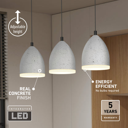 The Artika Bergen 3-light LED pendant light features a real concrete finish and adjustable height, with integrated LED technology for energy efficiency and a 5-year warranty—perfect for modern spaces.