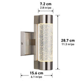 Modern wall-mounted light fixture with a cylindrical design, brushed metal finish, and bubble-textured glass, shown with labeled dimensions: 28.7 cm height, 15.6 cm width, and 7.2 cm depth.
