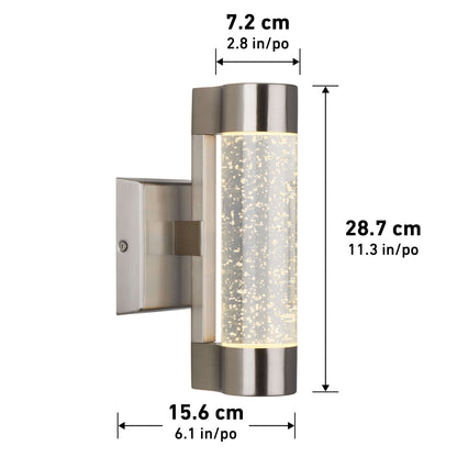 The Artika Bubble Element LED indoor-outdoor light features a wall-mounted design with a rectangular base, cylindrical body, and metallic finish. Dimensions: 28.7 cm H x 15.6 cm W x 7.2 cm D (11.3 x 6.1 x 2.8 in).