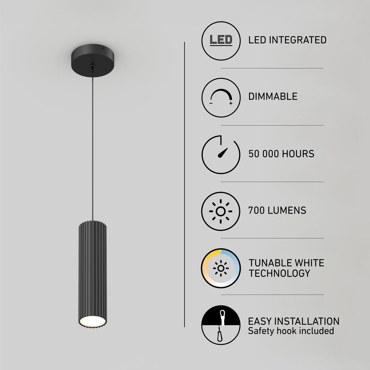 Artikas Groove LED modern pendant light 3 CCT hangs from the ceiling, offering dimmable, energy-efficient lighting with tunable white technology, 700 lumens, 50,000-hour lifespan, and easy installation with safety hook.