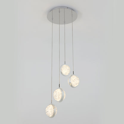 The Artika Avalon 4-light LED pendant features four textured, glowing round pendants suspended at varying lengths from a circular base for a modern ceiling lighting solution.