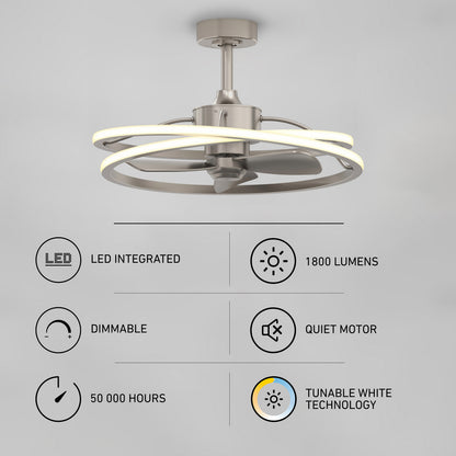 The Artika Coda 23 in. LED modern ceiling fan, with remote, features integrated LED (1800 lumens), tunable white tech, dimmable light, quiet motor, brushed metal finish, and lasts up to 50,000 hours.