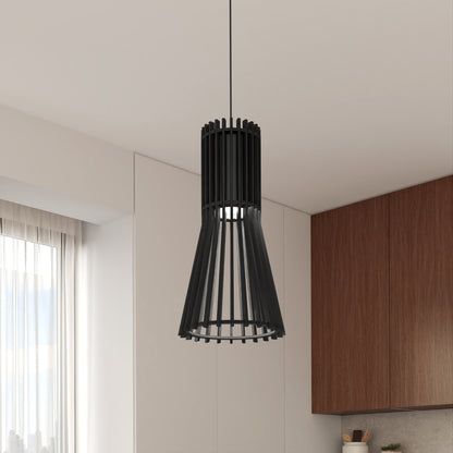 The Artika Kiyo modern LED pendant 3 CCT features a sleek black slatted conical design, hanging stylishly in a bright kitchen with white walls, sheer-curtained large window, and wooden cabinets.