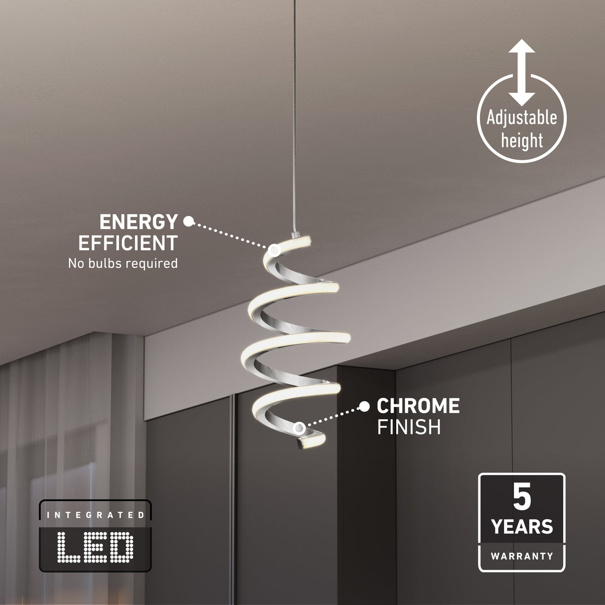 A modern spiral pendant light with integrated LED hangs from the ceiling. Text highlights its energy efficiency, chrome finish, adjustable height, 5-year warranty, and that no bulbs are required.