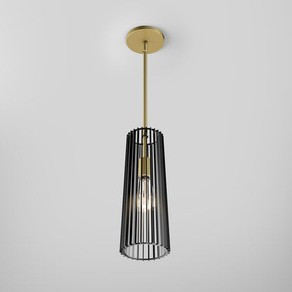 The Artika Gatsby Mini modern mid-century pendant light features a gold fixture and cylindrical black metal cage shade with an exposed bulb, shown against a plain white background.