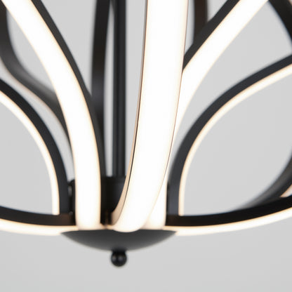 Close-up of the Artika Meridian LED pendant light, featuring curved black metal arms and integrated LED strips for a sleek, contemporary look against a plain light gray background.