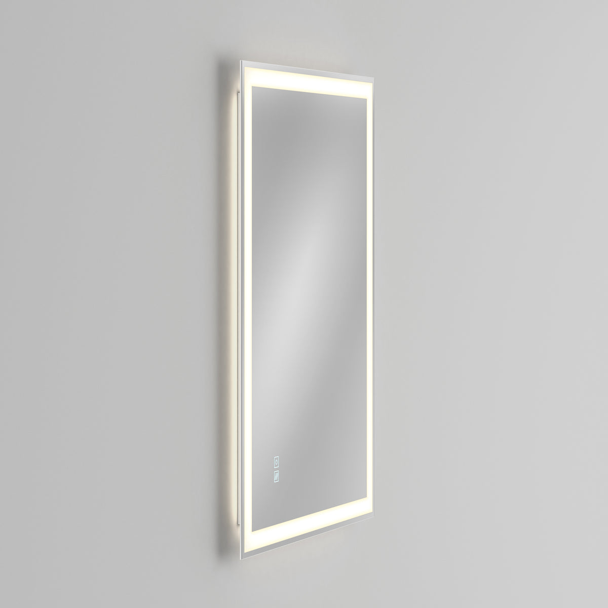 A rectangular wall-mounted mirror with illuminated LED light strips along its edges, set against a plain light gray background. The mirror has a modern, minimalistic design.
