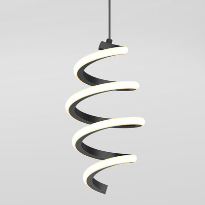 The Artika Chorus 1-light LED pendant features a modern black spiral design with integrated adjustable white LED lighting, suspended from the ceiling against a light gray background.