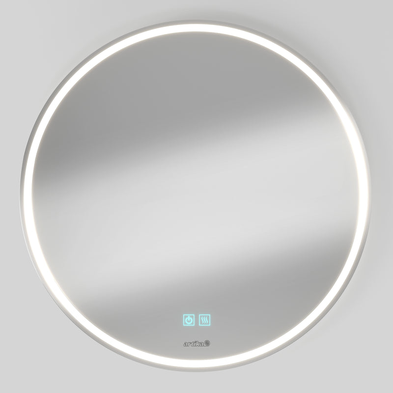Artika Emeraude 24″ x 24″ Anti-Fog LED Mirror: touch control, modern design—ideal for gray-walled bathrooms.