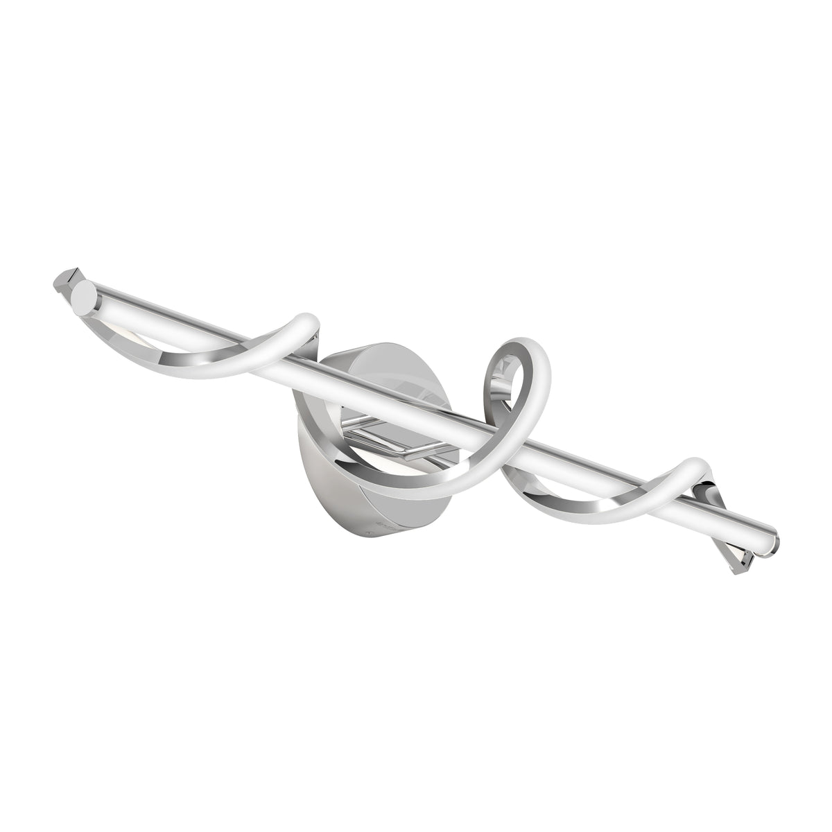Modern wall-mounted light fixture with a polished chrome base and two intertwined, curved LED light strips. The design is sleek and contemporary, suitable for accent lighting in a home or office.