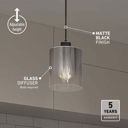 Artika Haze pendant light glass—matte black, adjustable height, ideal for kitchen islands. Includes 5-year warranty.