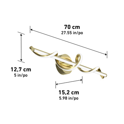 The Artika Coda modern LED bathroom vanity light 5 CCT features a gold and white twisted design, measuring 70 cm wide, 12.7 cm high, and 15.2 cm deep.