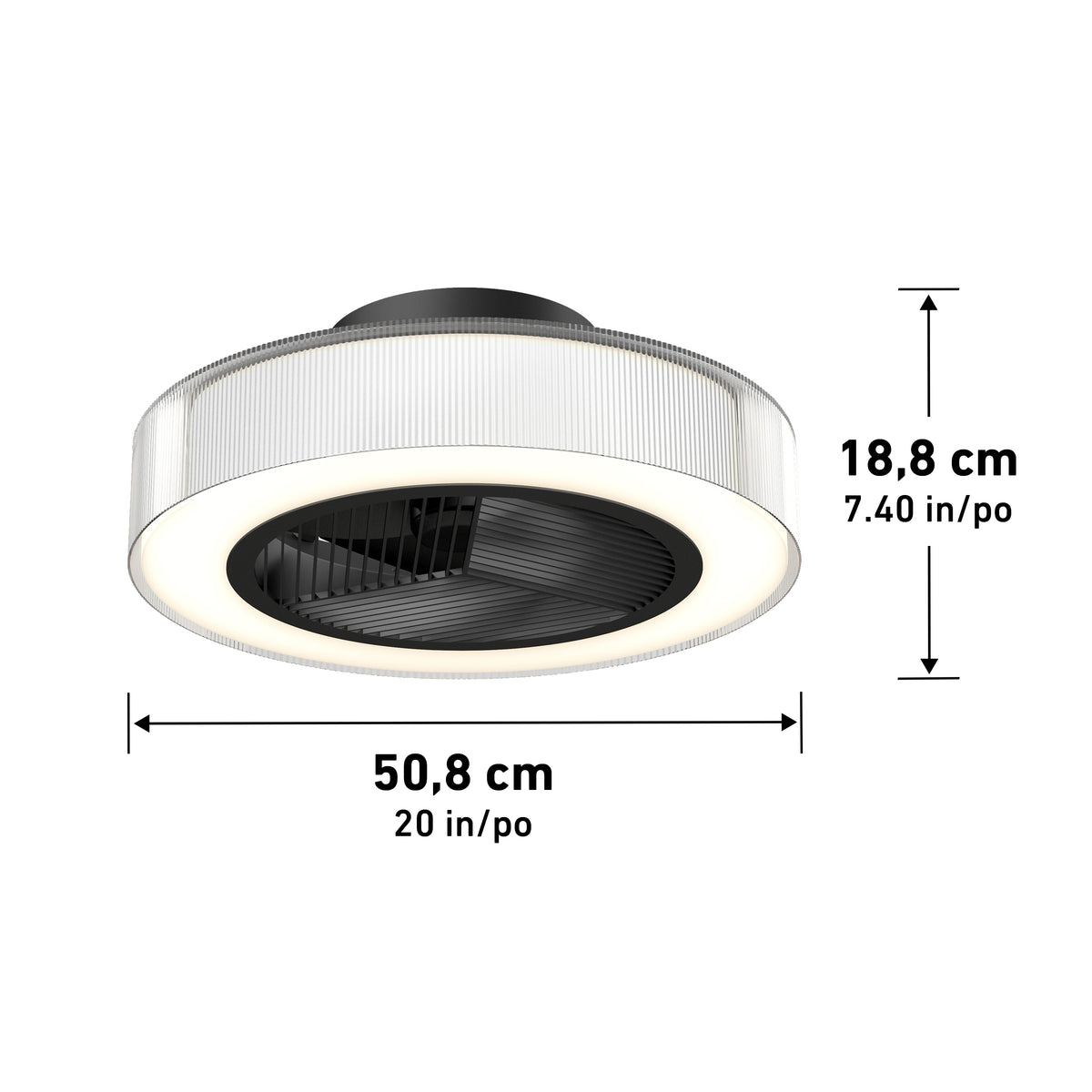 Modern round LED ceiling light with a ribbed clear outer ring and a black inner section, shown with measurements: 18.8 cm (7.40 in) tall and 50.8 cm (20 in) wide.