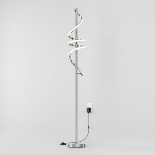 The Artika Coda modern LED floor lamp 5CCT features a spiral LED design, dimmable lighting, and a round metallic base. Its minimalist arched style plugs into a wall outlet and is shown against a plain white background.
