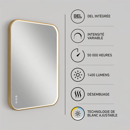 The Artika Royce Dimmable LED Mirror features gold trim, touch controls at the bottom left, French icons for integrated LED, 3 CCT adjustable white, variable intensity, 50,000-hour life, 1400 lumens, and a built-in defogger.