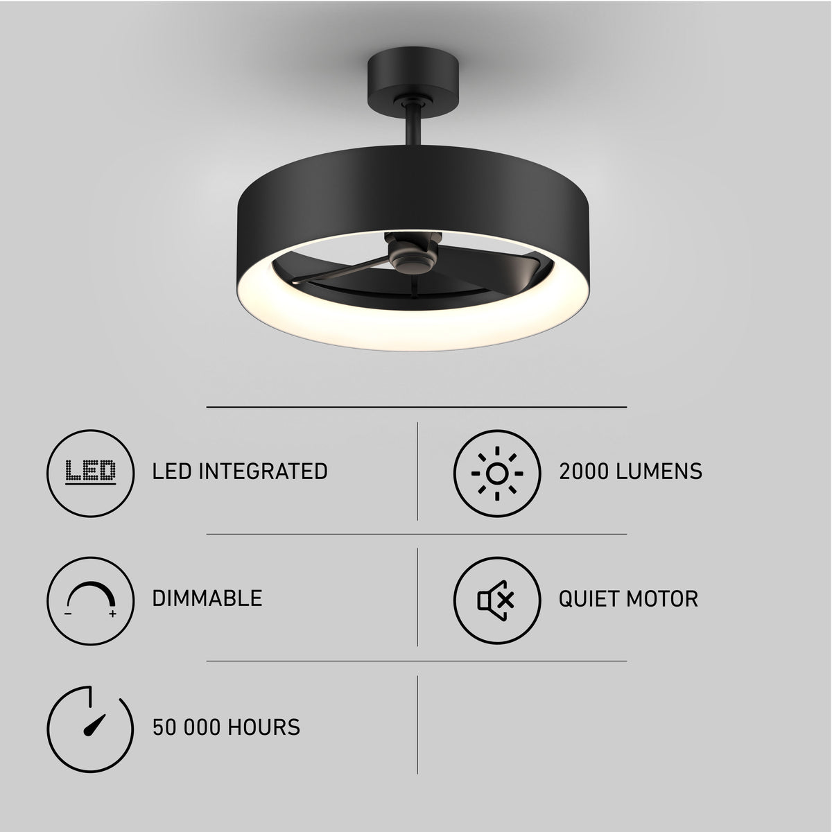 Modern black ceiling fan with integrated LED light, featuring icons and text highlighting its features: LED integrated, 2000 lumens, dimmable, quiet motor, and 50,000 hours lifespan.