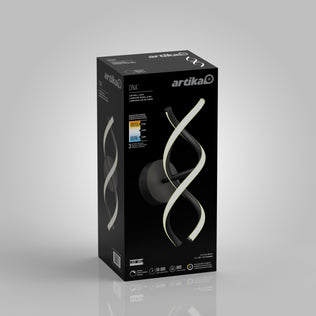 A black Artika box for the DNA modern LED wall sconce 3 CCT showcases a spiral-shaped integrated LED light on the front, with product details and branding in white text.
