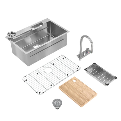 The Artika Neoflow single bowl stainless steel sink set includes a faucet, drain, metal rack, bamboo cutting board, strainer, and metal basket, all shown separately on a white background.