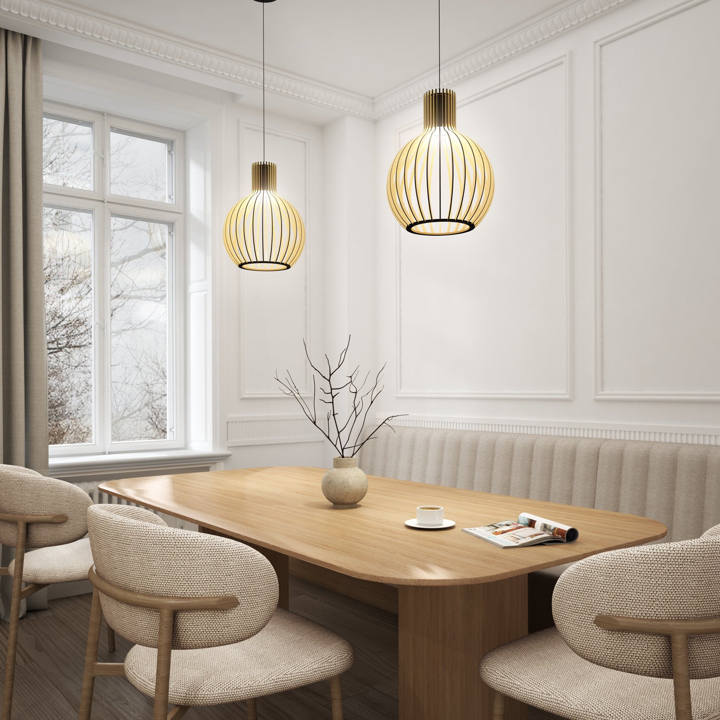 A modern dining room features a wooden table, beige upholstered chairs, large windows with neutral curtains, a vase with bare branches, and is illuminated by the Artika Tomi LED Pendant Light 3 CCT.