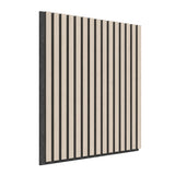 A rectangular acoustic panel with vertical alternating light wood and black slats, shown from an angled side view against a white background.