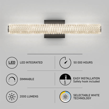 The Artika Exalto LED bathroom vanity light, shown mounted on a wall, features LED integration, 50,000-hour lifespan, dimmable brightness, easy installation, 2000 lumens output, and selectable white technology.