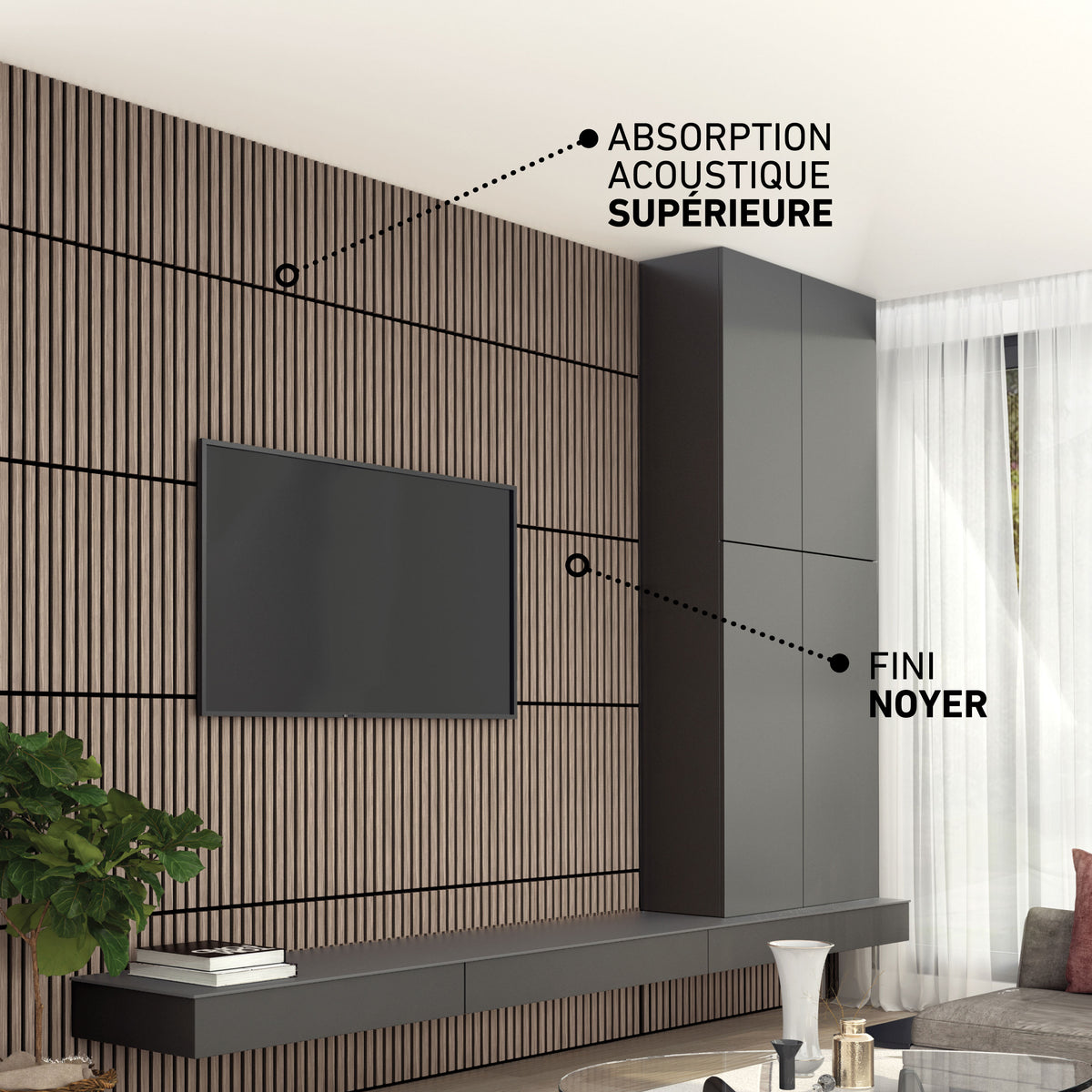 Modern living room with Artika Sonolok 15.5 ft sound-absorbing wall panel kit (4-pack) for superior acoustic absorption.