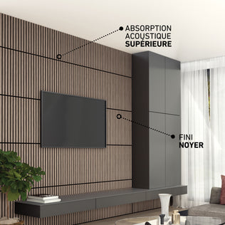 Modern living room with Artika Sonolok 15.5 ft sound-absorbing wall panel kit (4-pack) for superior acoustic absorption.