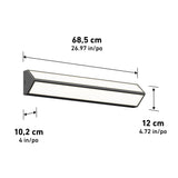 Rectangular wall light fixture with dimensions labeled: 68.5 cm (26.97 in) wide, 12 cm (4.72 in) tall, and 10.2 cm (4 in) deep, shown at an angle on a white background.