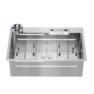 The Artika Neoflow single bowl 31 in. stainless steel workstation sink features a deep rectangular basin, protective grid, two faucet holes for a pull-down faucet, a round drain, and smooth brushed metal finish with clean modern lines.