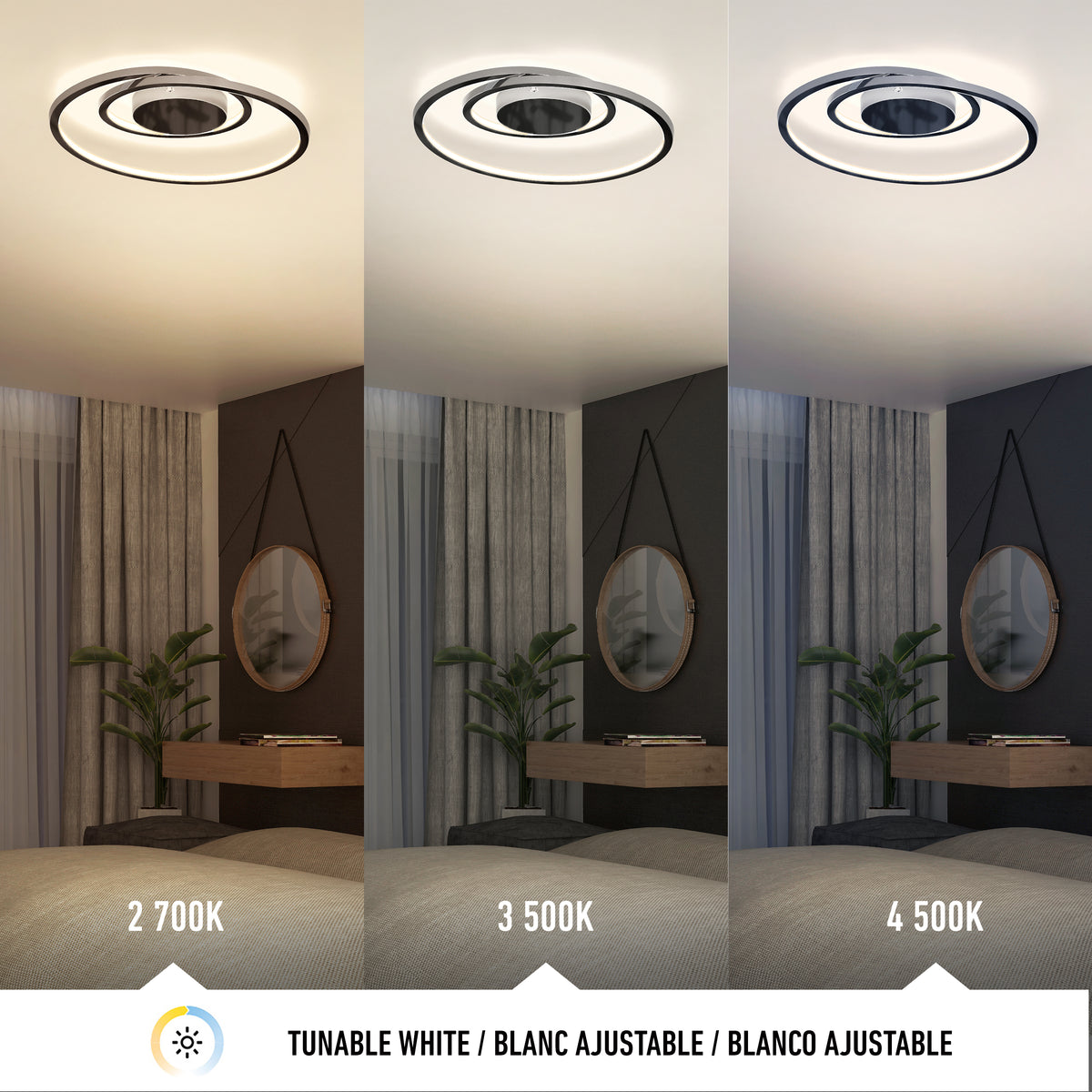 A modern ceiling light above a bed is shown in three lighting temperatures: warm white (2700K), neutral white (3500K), and cool white (4500K). A round mirror, plants, and curtains decorate the bedroom.