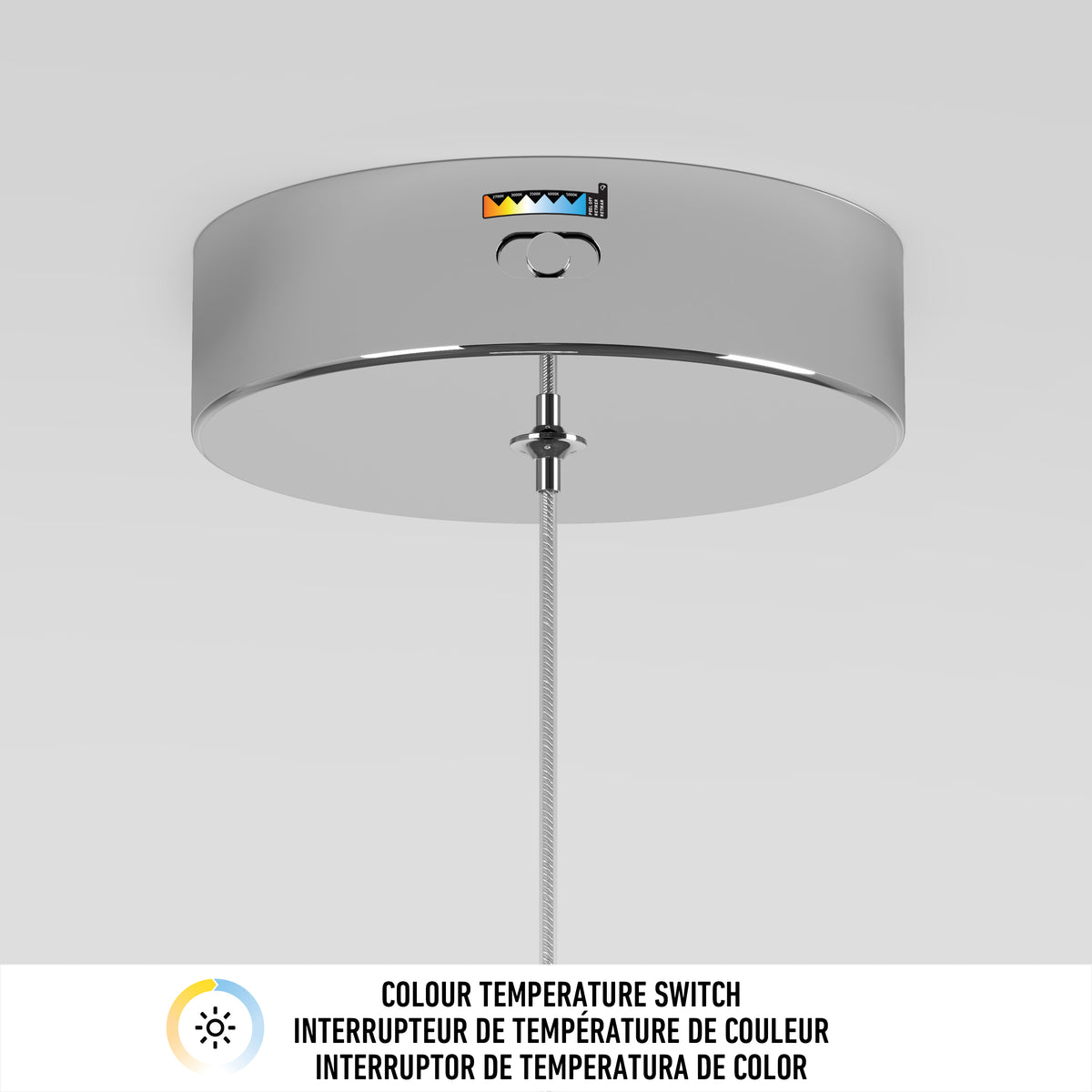 A metallic ceiling light fixture with a pull cord and a colour temperature switch icon above the button. Below is text in English, French, and Spanish: Colour Temperature Switch / Interrupteur de Température de Couleur / Interruptor de Temperatura de Color.