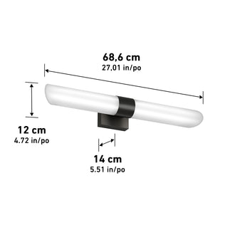 Artika Wilton 27-in (69 cm) LED vanity light bar, 5-CCT, wall-mount; labeled dimensions: 69W x 12H x 14D cm.