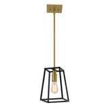 A modern pendant light with a gold rod and a geometric black metal frame surrounding an exposed light bulb, suspended from a square gold ceiling mount.