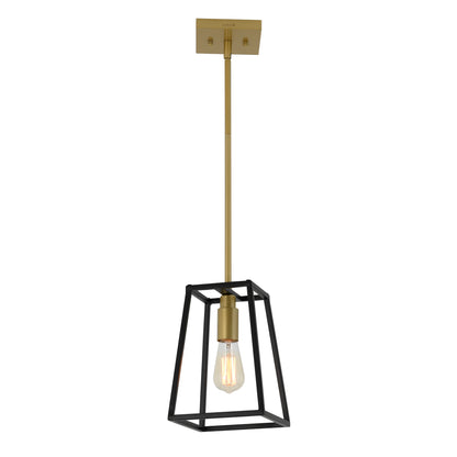 The Artika Carter 1-light pendant features a brass fixture, geometric black metal frame, and an exposed Edison-style bulb, all suspended from a rectangular ceiling mount for a modern look.